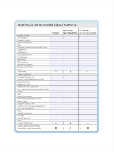 retirement budget sheet