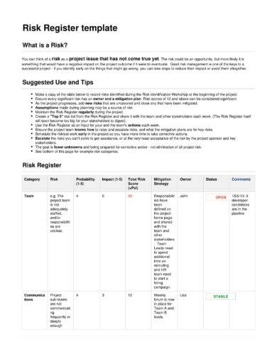 risk register or list template example