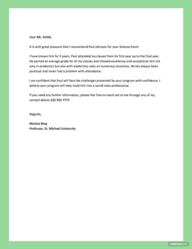 sample academic reference letter template