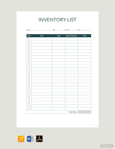 sample inventory list template