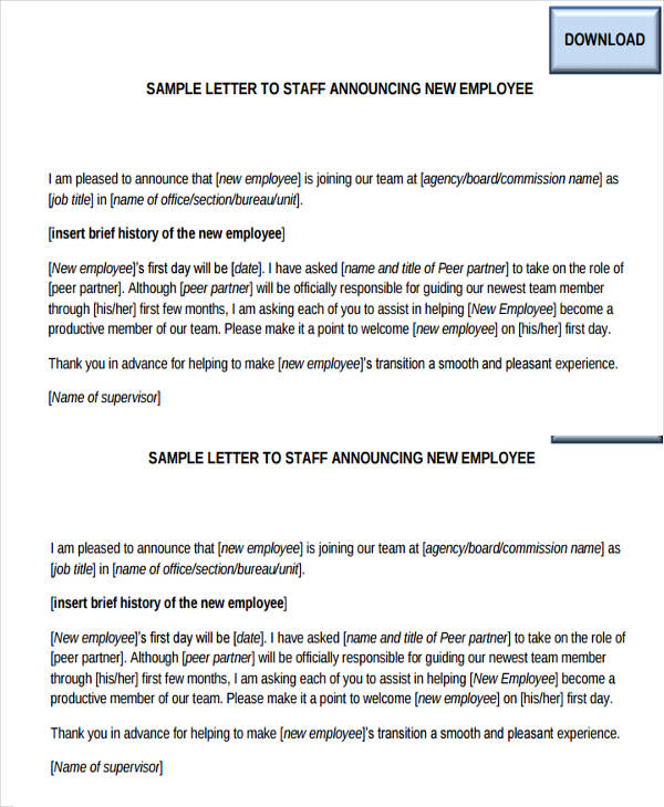 sample letter to staff announicing new employee