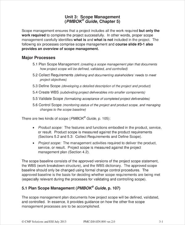 Scope Management Plan for a Project Example