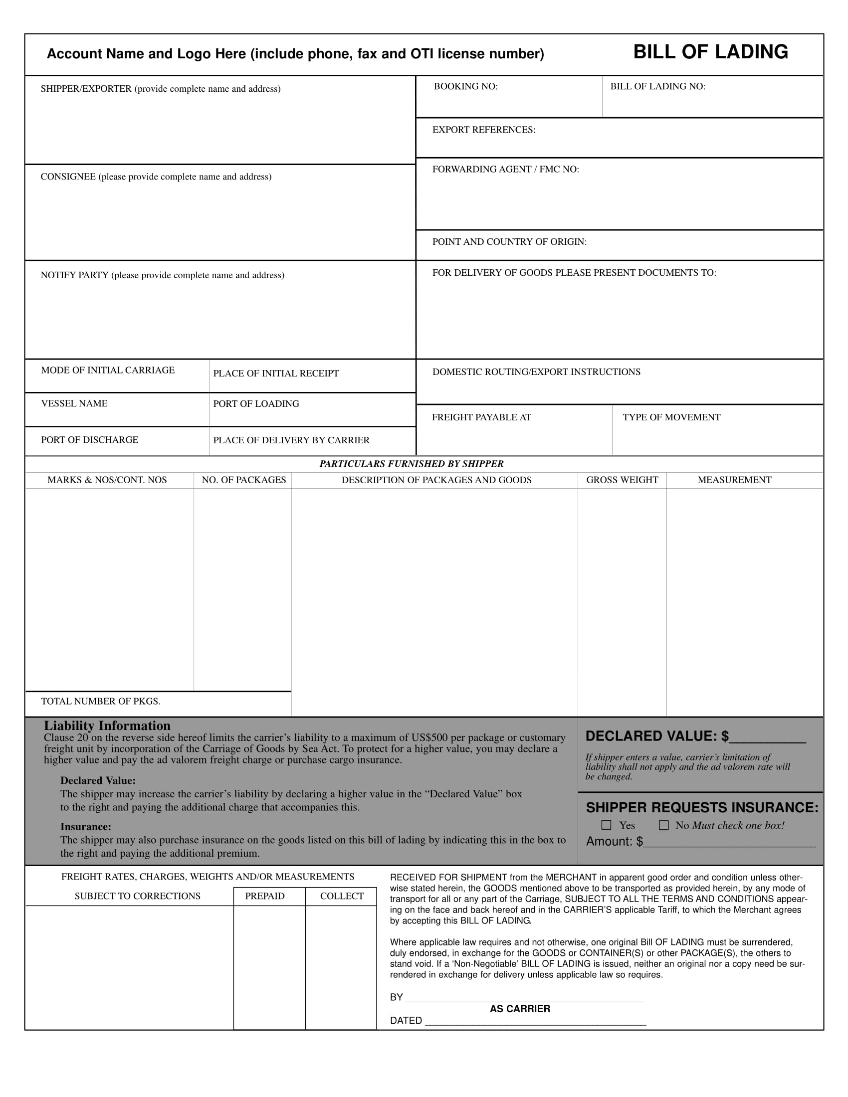 simple bill of lading form example 1