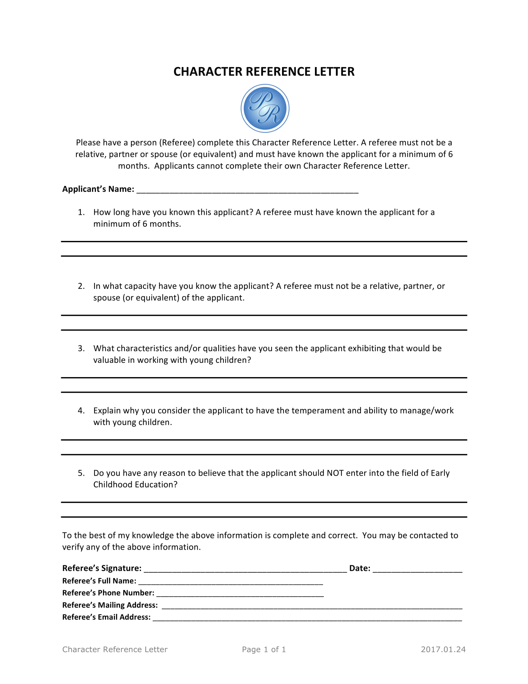 An Example Of A Character Reference Letter