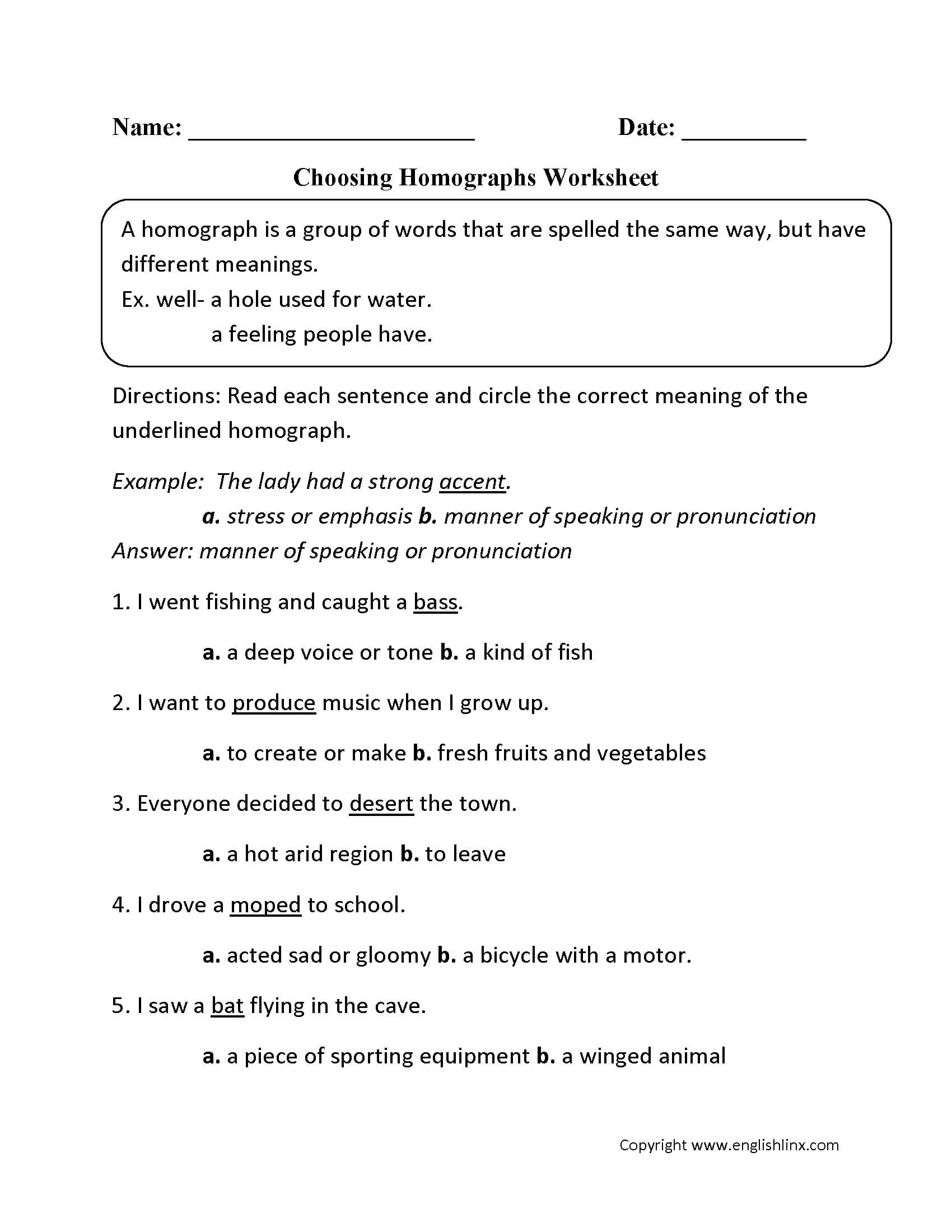 Simple Homographs Worksheet