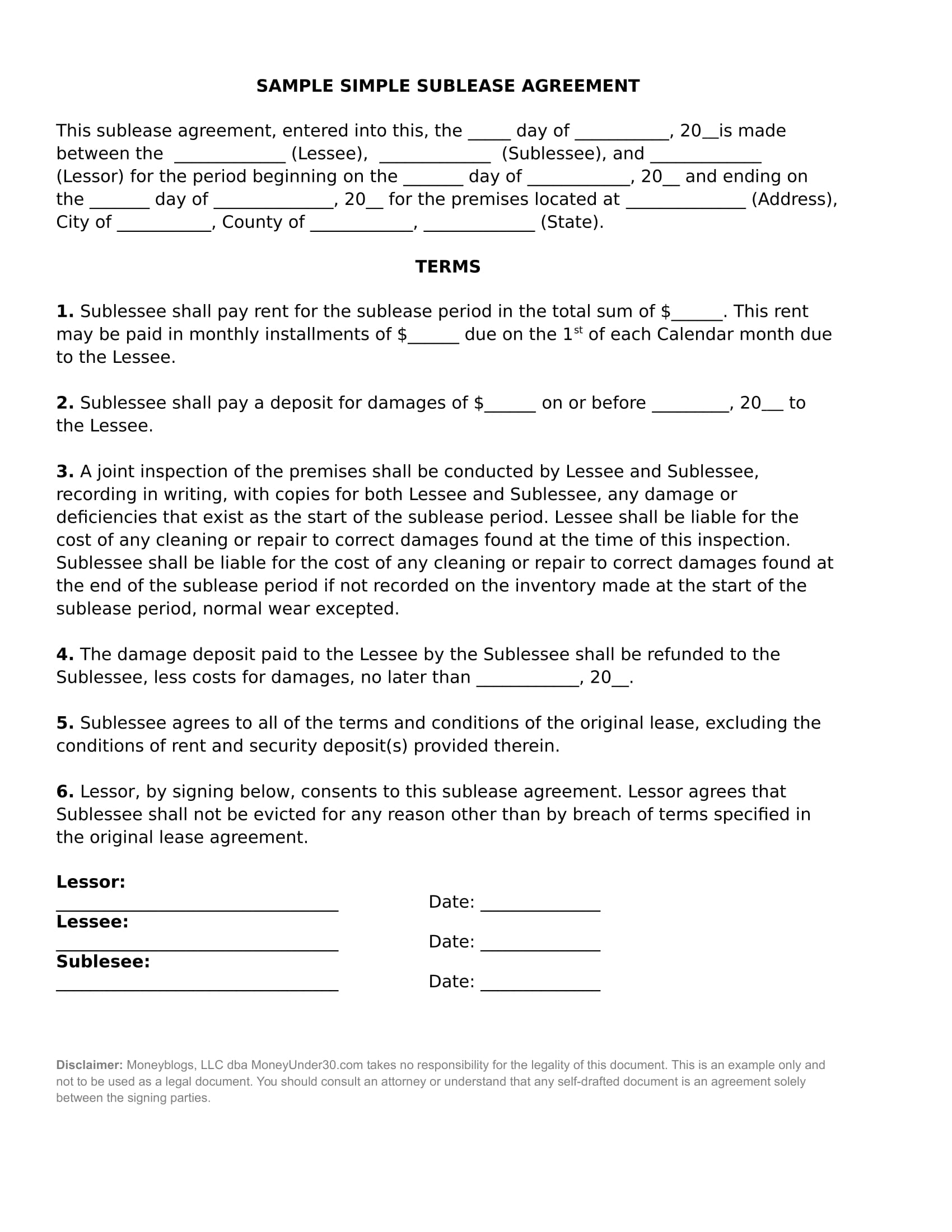 simple sublease agreement example