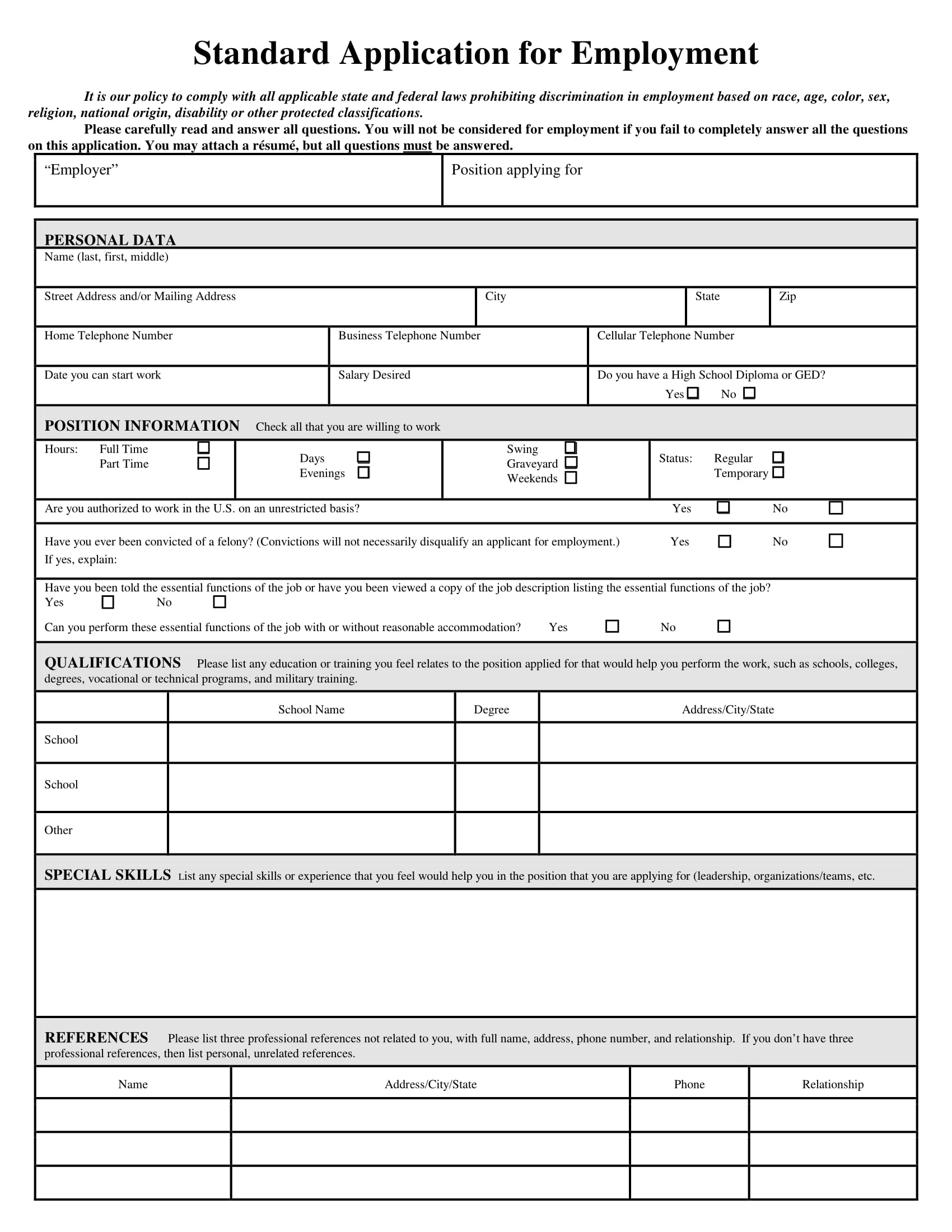 standard application for employment form example