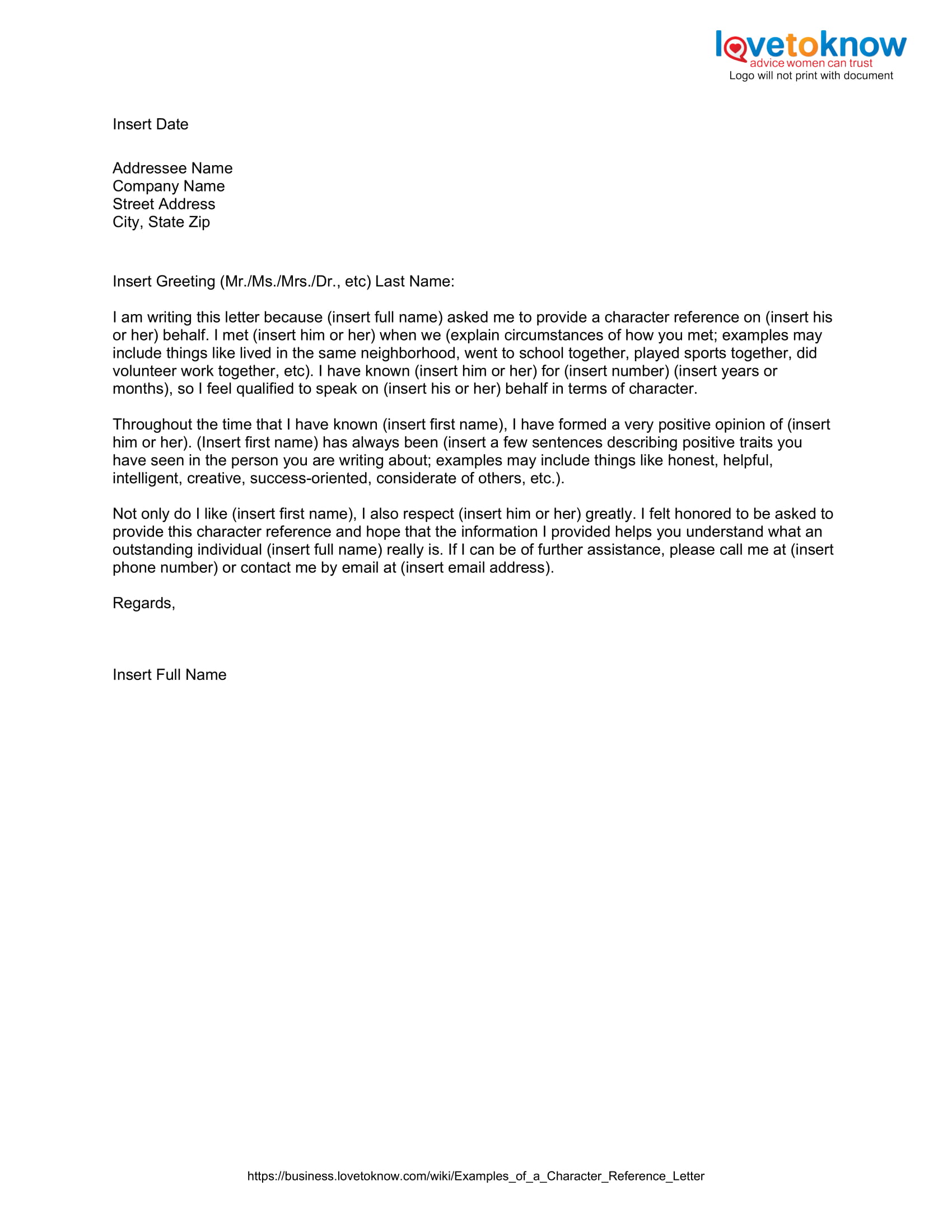 Example Of A Personal Reference Letter