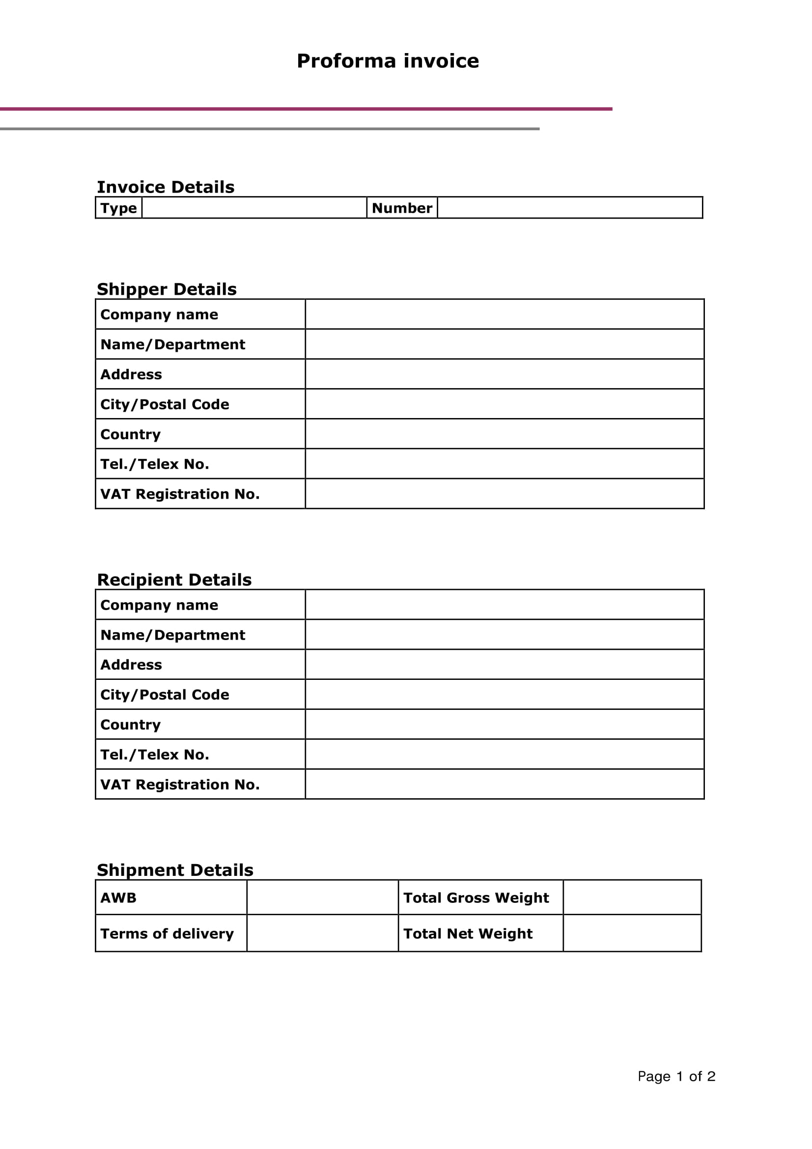 Standard Pro Forma Invoice Example