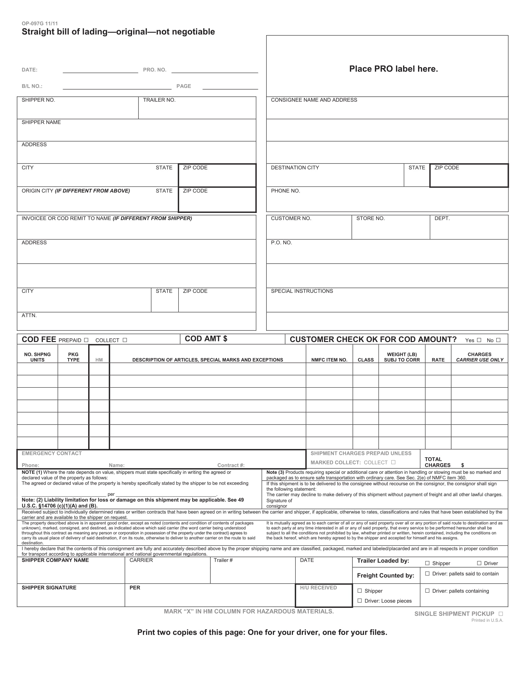 straight bill of lading form example 1
