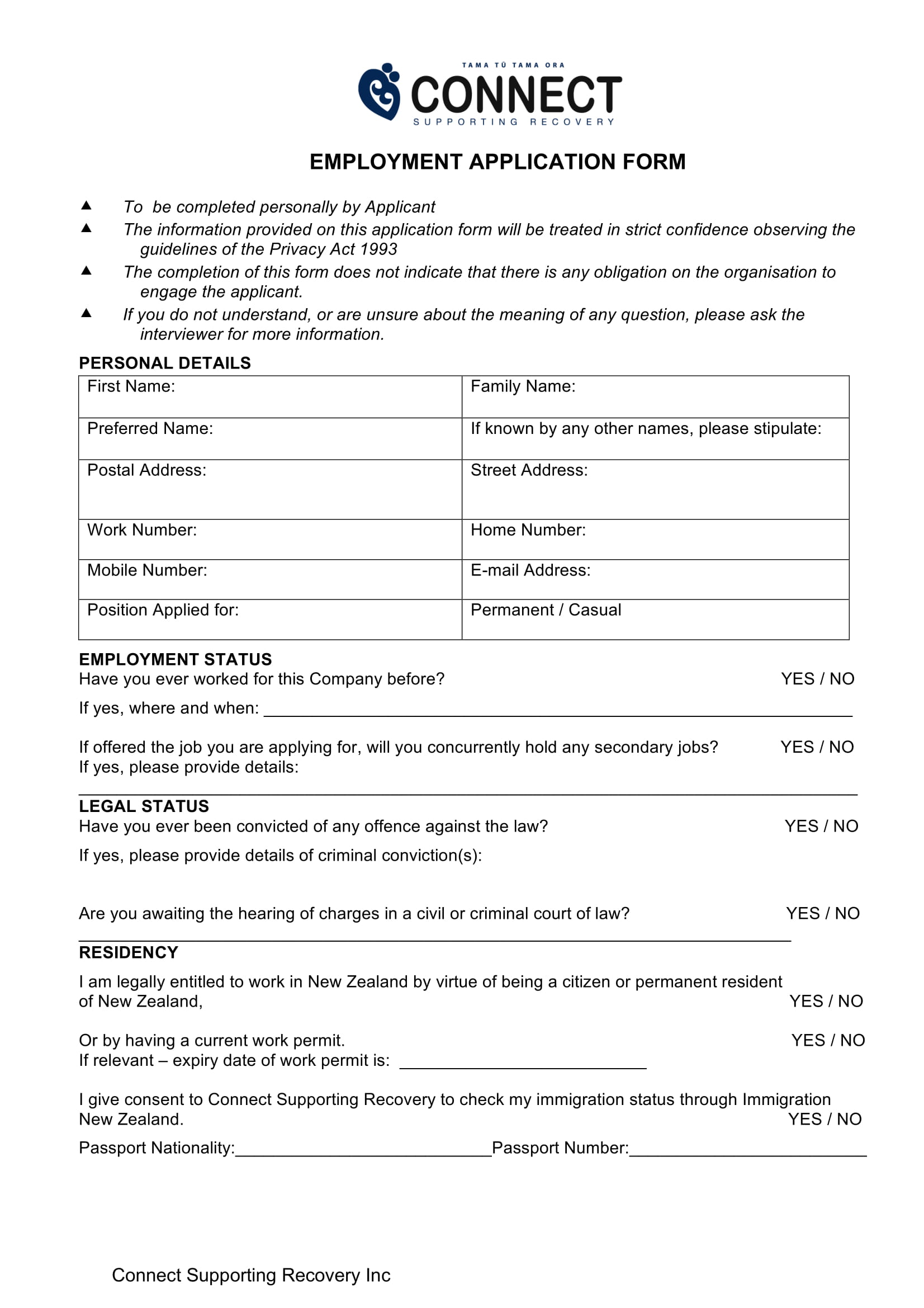straightforward employment application form example