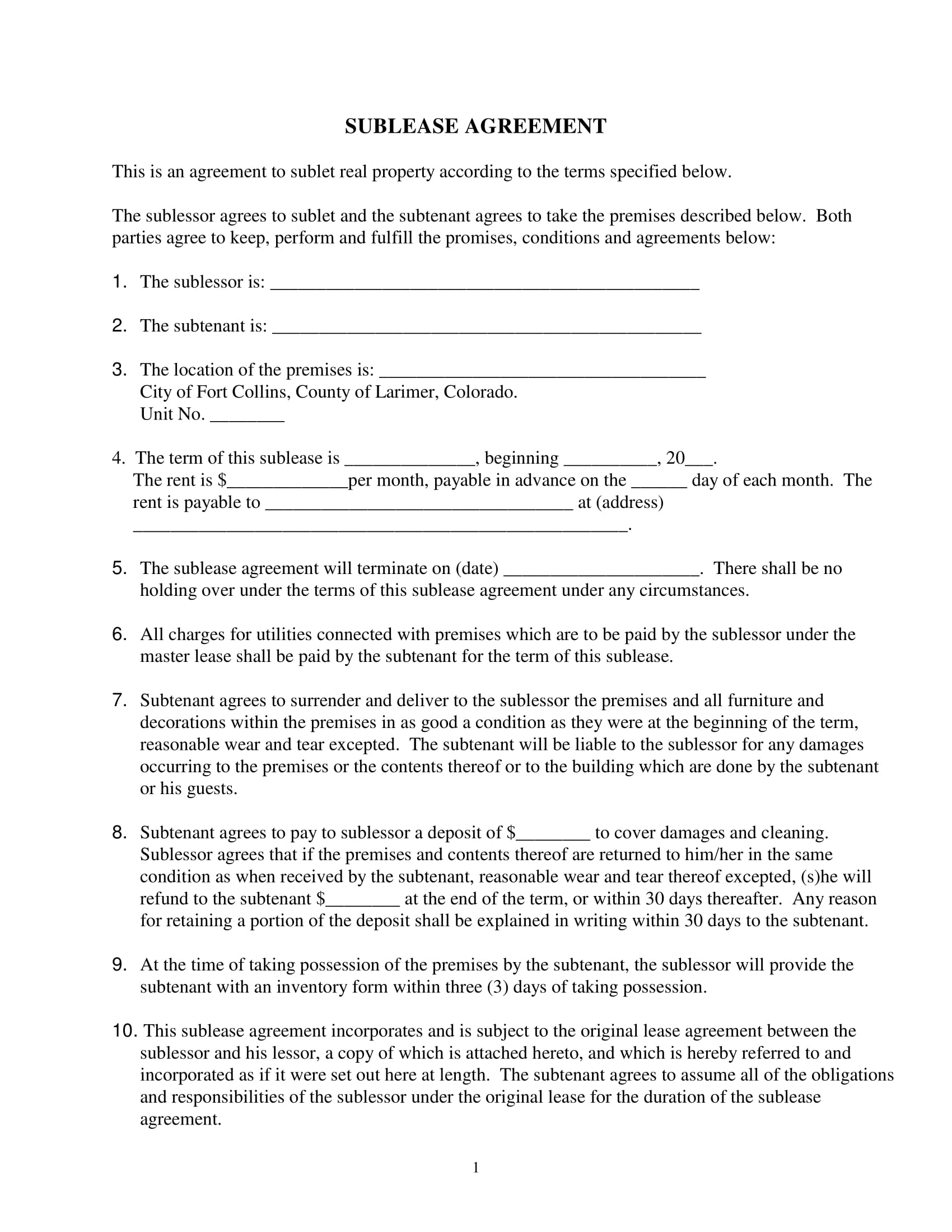 Sublease Contract Sample Sublease Agreement Template HQ Printable