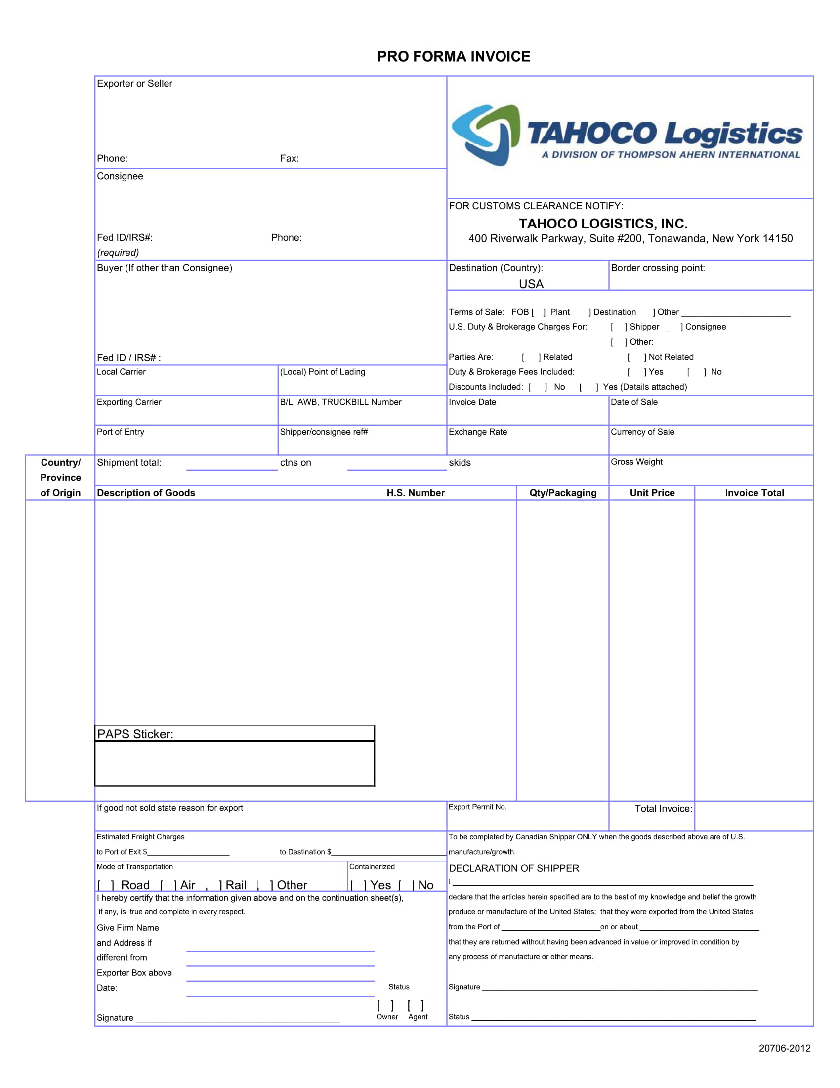 TAHOCO Pro Forma Invoice Example