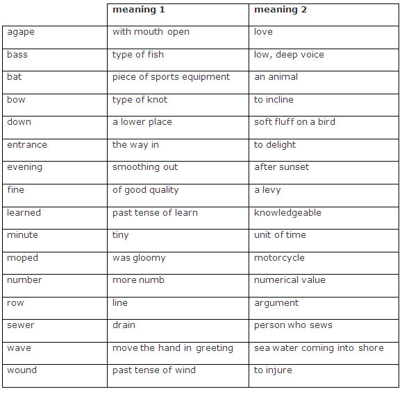 table of homographs