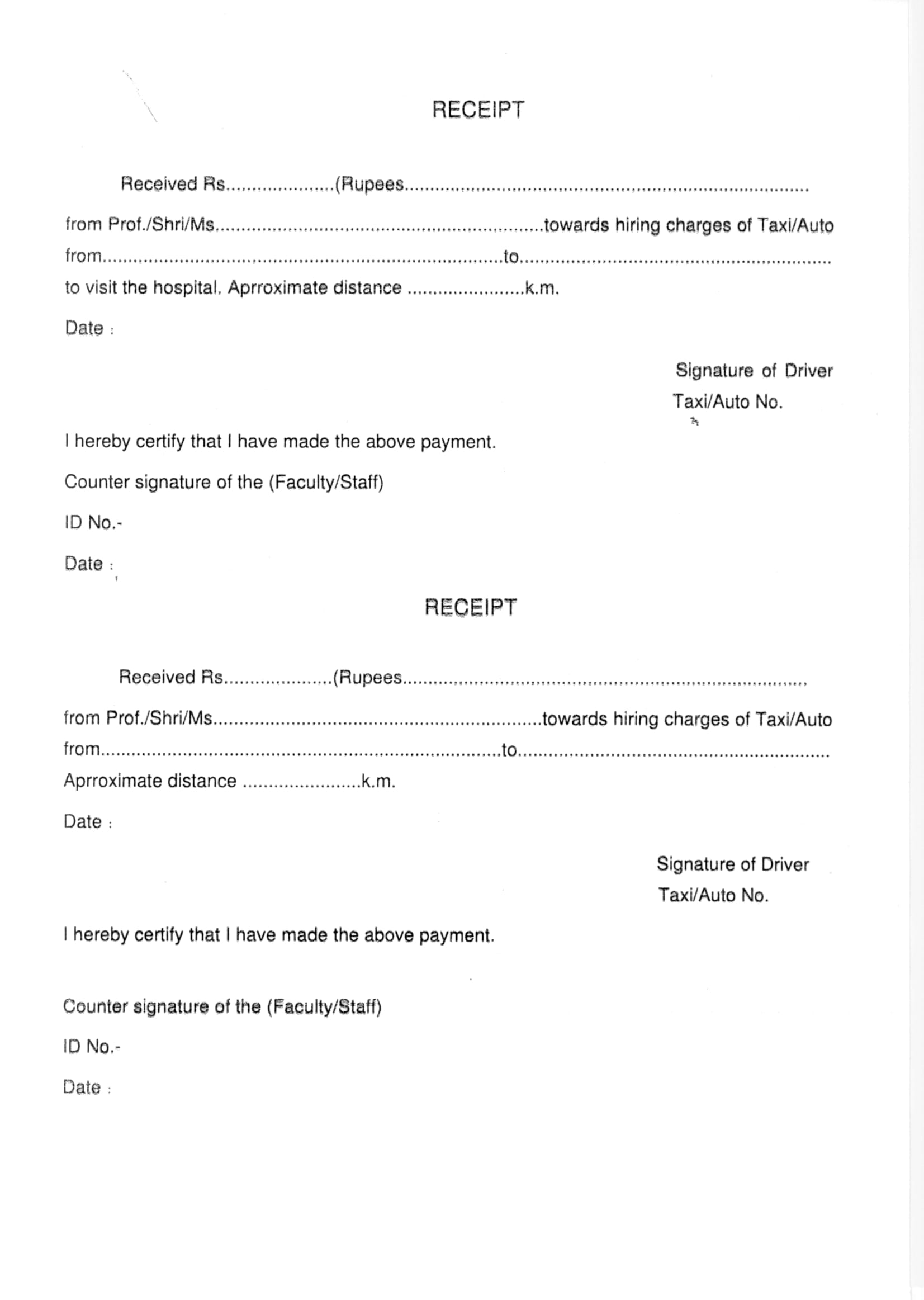 Taxi Payment Receipt Example