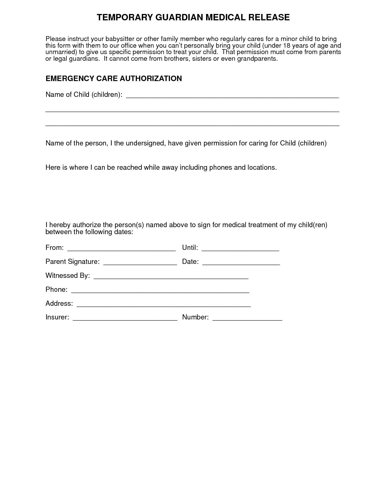 temporary guardian medical authorization letter example