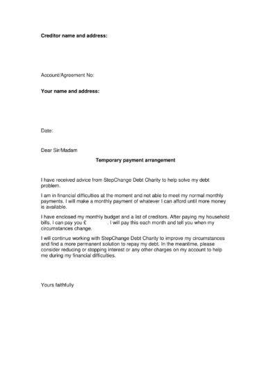 Temporary Payment Arrangement Agreement Letter Example