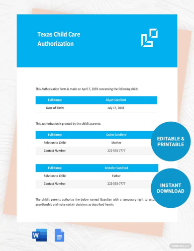 Texas Child Care Authorization Template