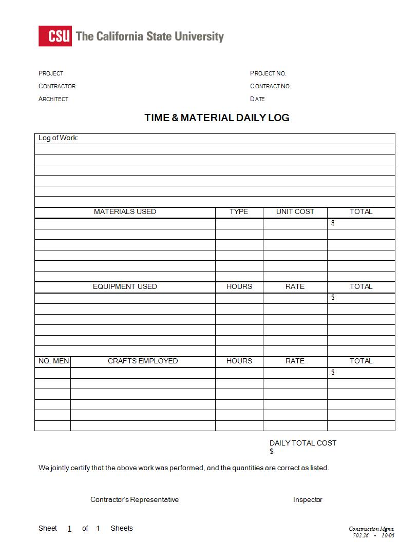time and material daily log example