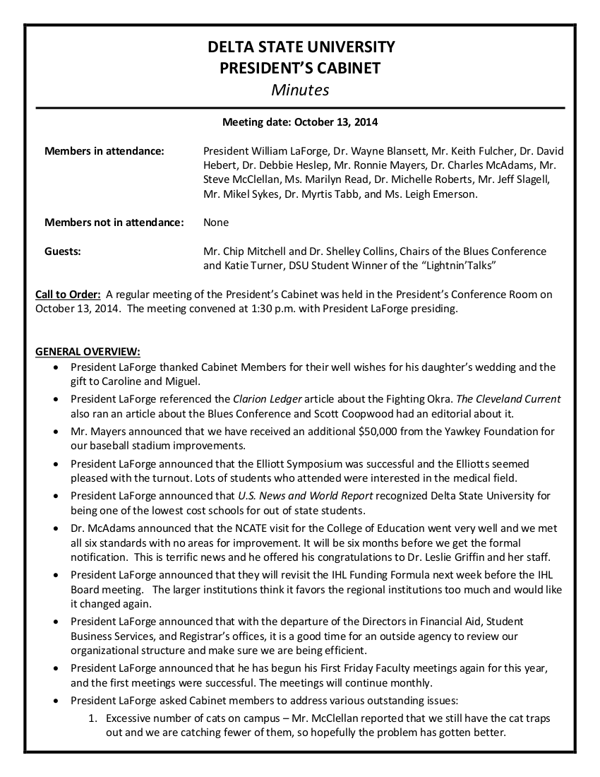 University Cabinet Minutes of the Meeting Example