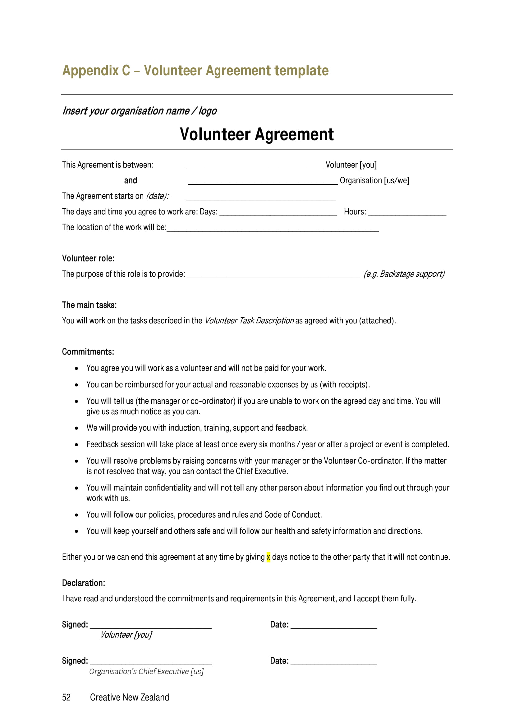 Volunteer Agreement Template