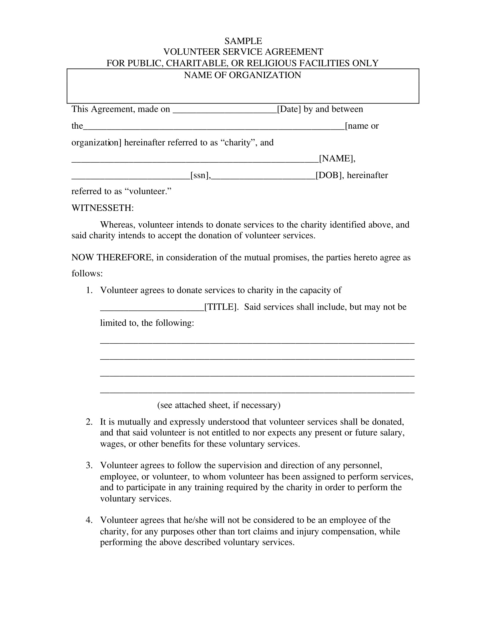 volunteer service agreement example