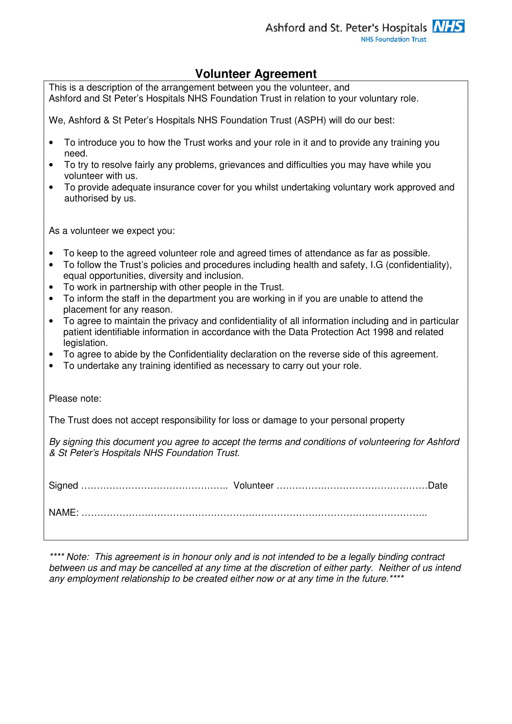 volunteering agreement example