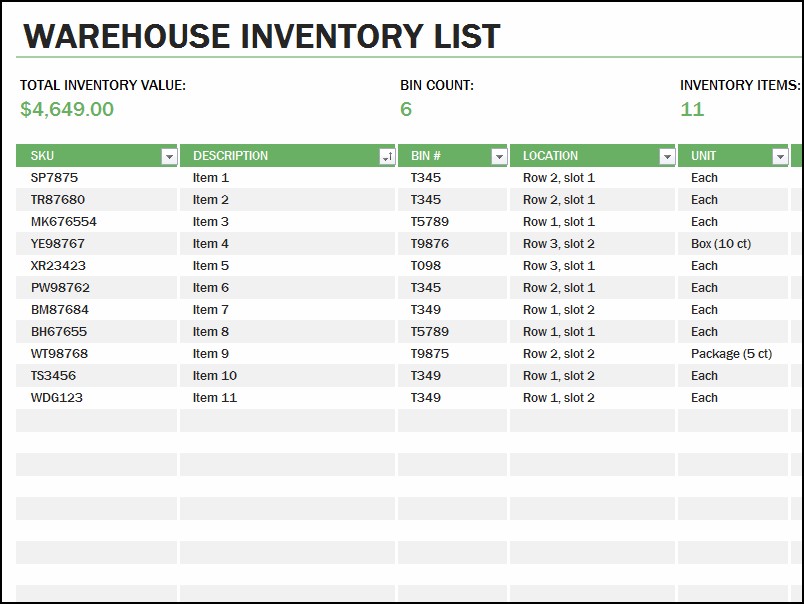 Warehouse Inventory List
