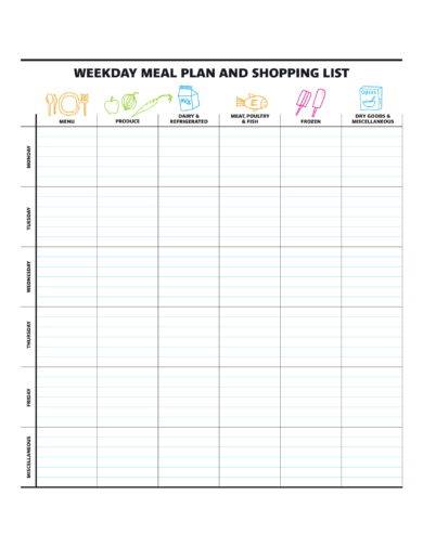 weekday meal plan and shopping list template example
