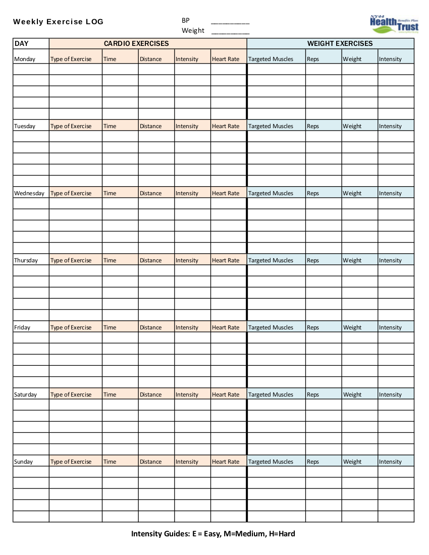weekly exercise workout log example