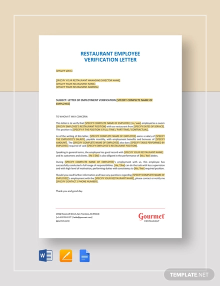 restaurant employee verification letter