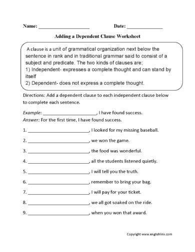 Adding Dependent Clauses Worksheet Example1