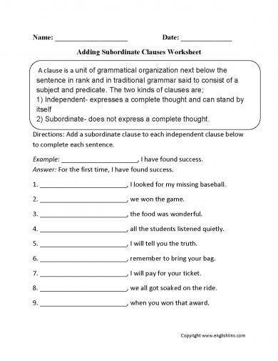 adding subordinate clause worksheet example 