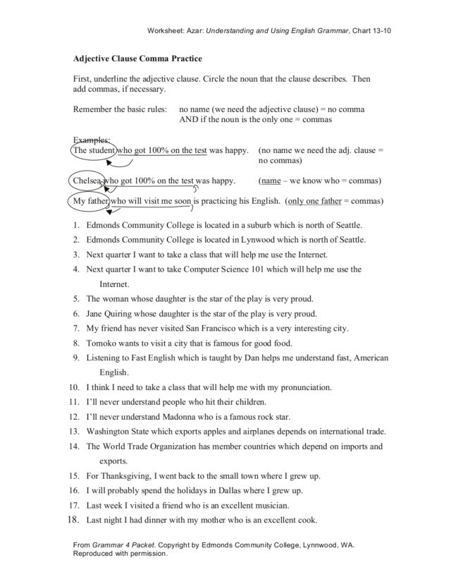 adjective clause comma practice worksheet example