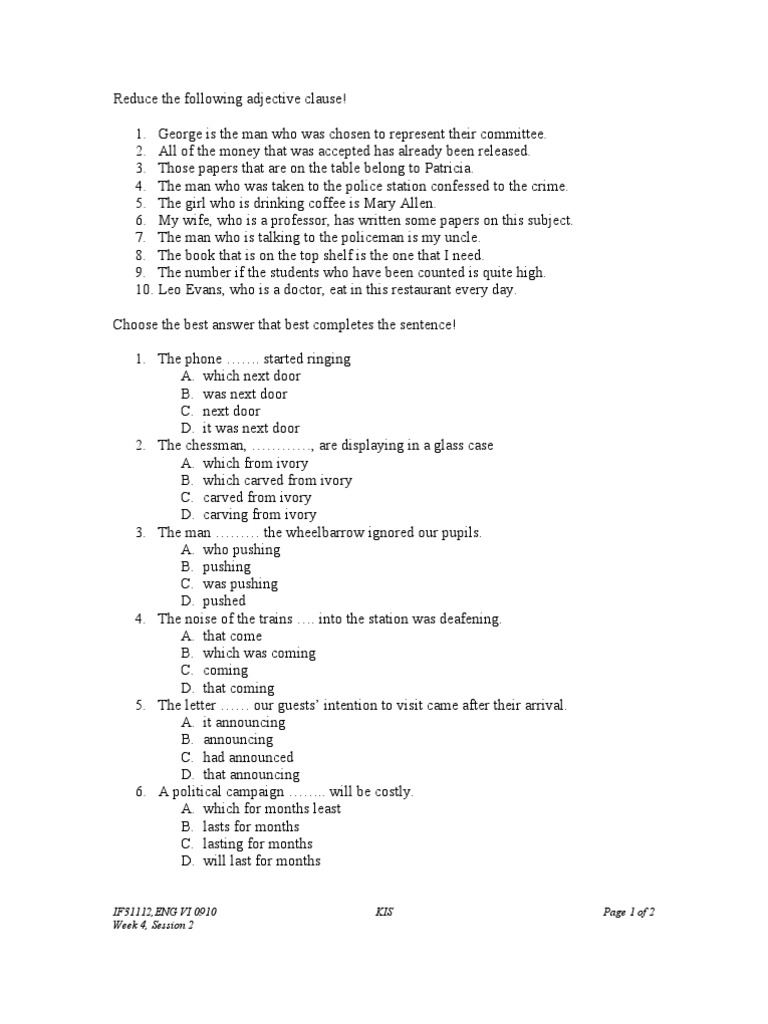 adjective clause reduction worksheet example