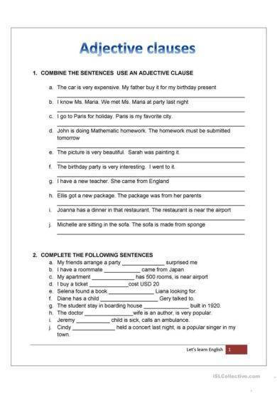 adjective clause worksheet example2