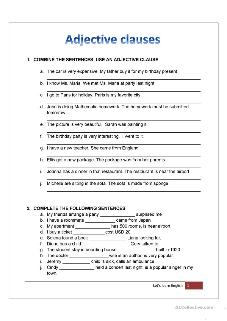 Adjective Clauses Advanced Exercises Pdf