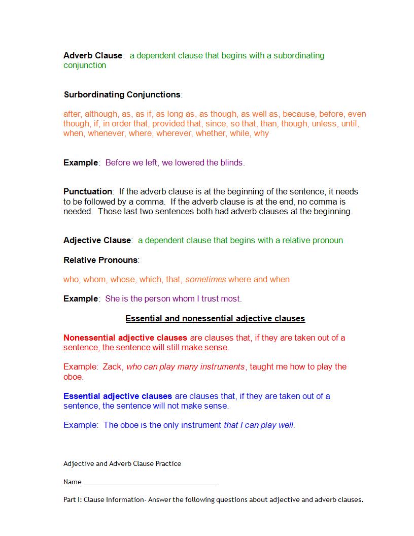 adjective and adverb clause notes and worksheet example