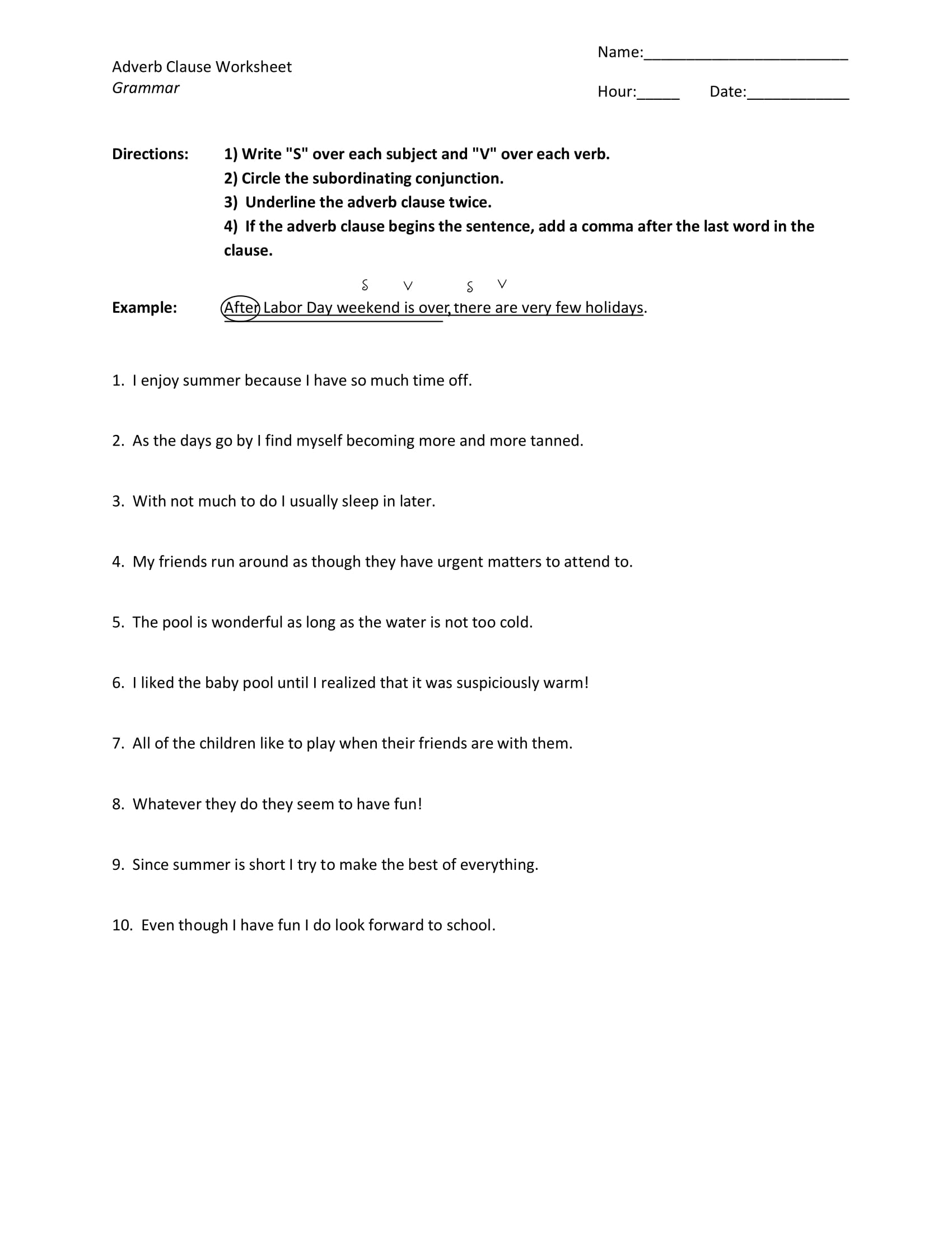Adjective And Adverb Clauses Worksheets With Answers Pdf