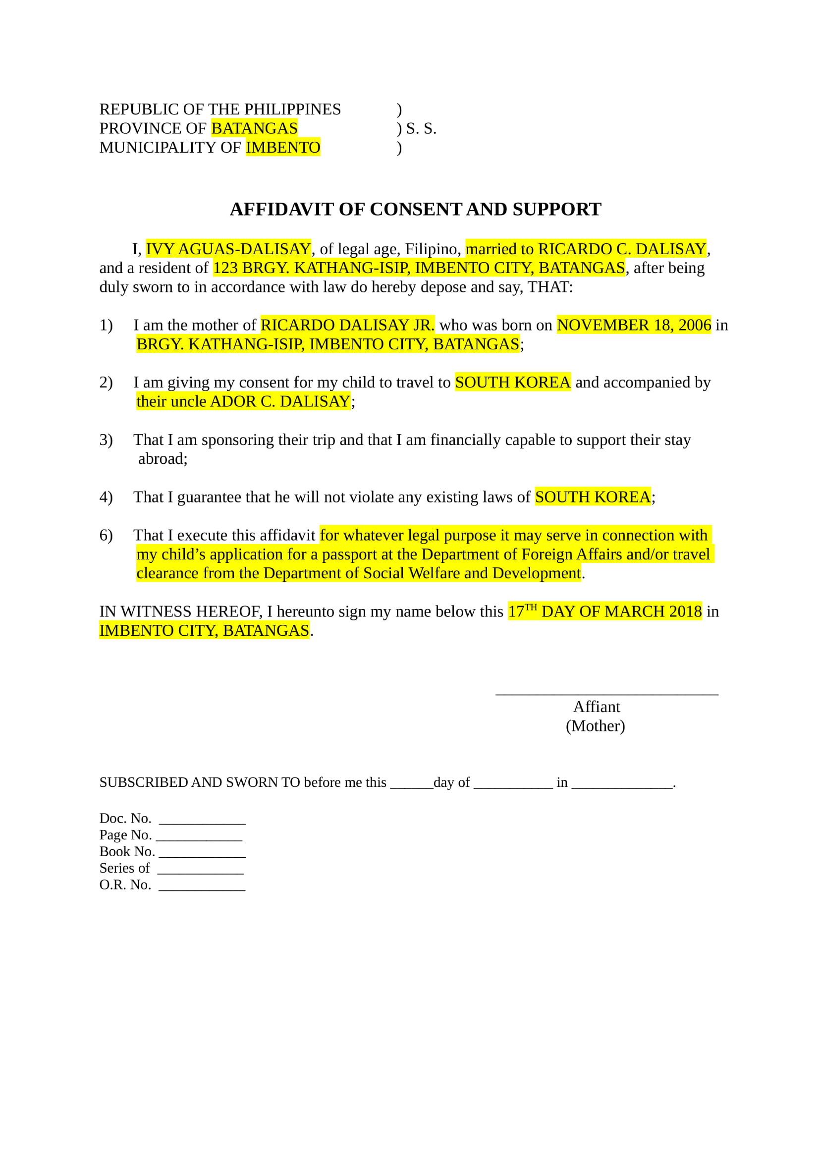 Affidavit Of Consent 10 Examples Format Pdf Examples
