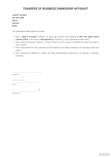 affidavit of transfer of business ownership template