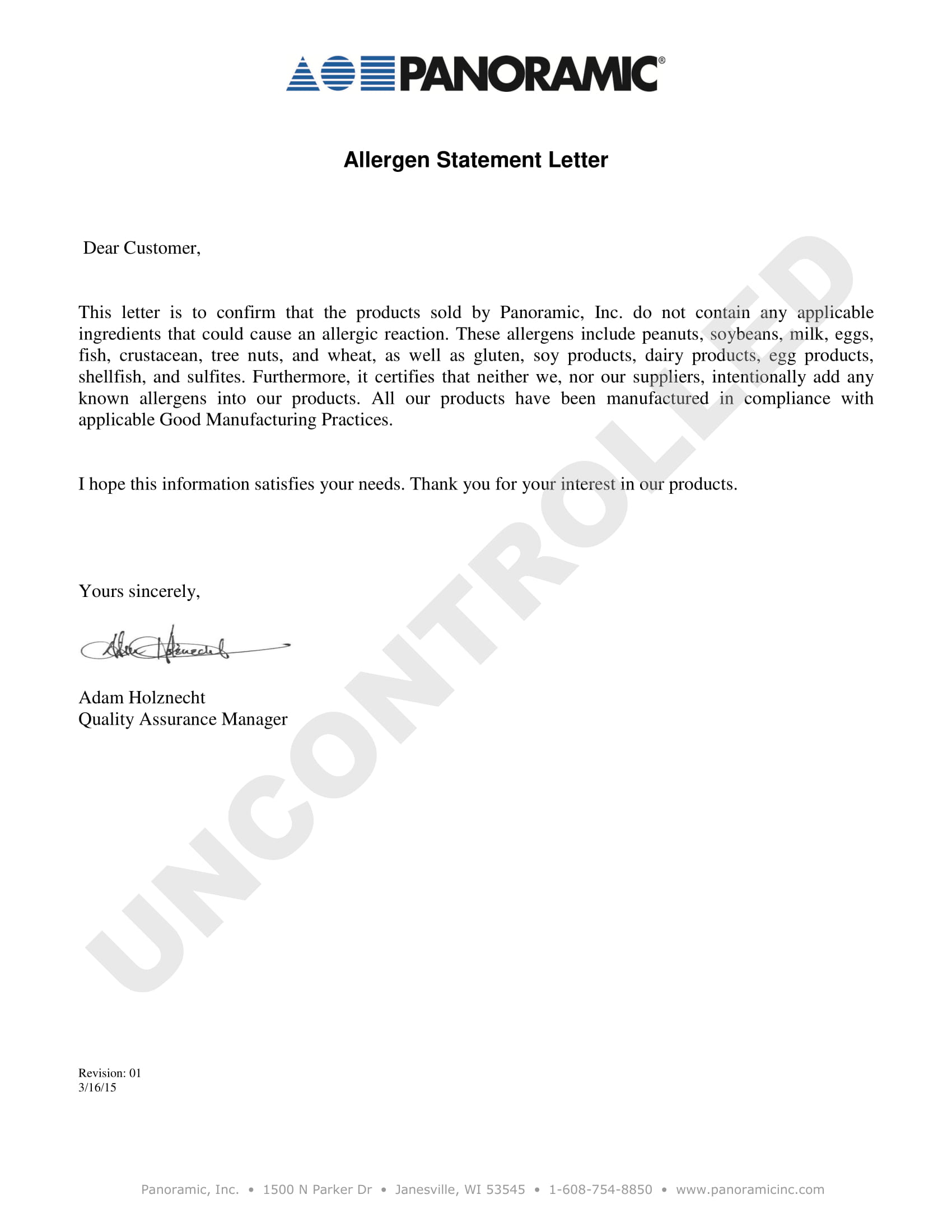 allergen statement letter example