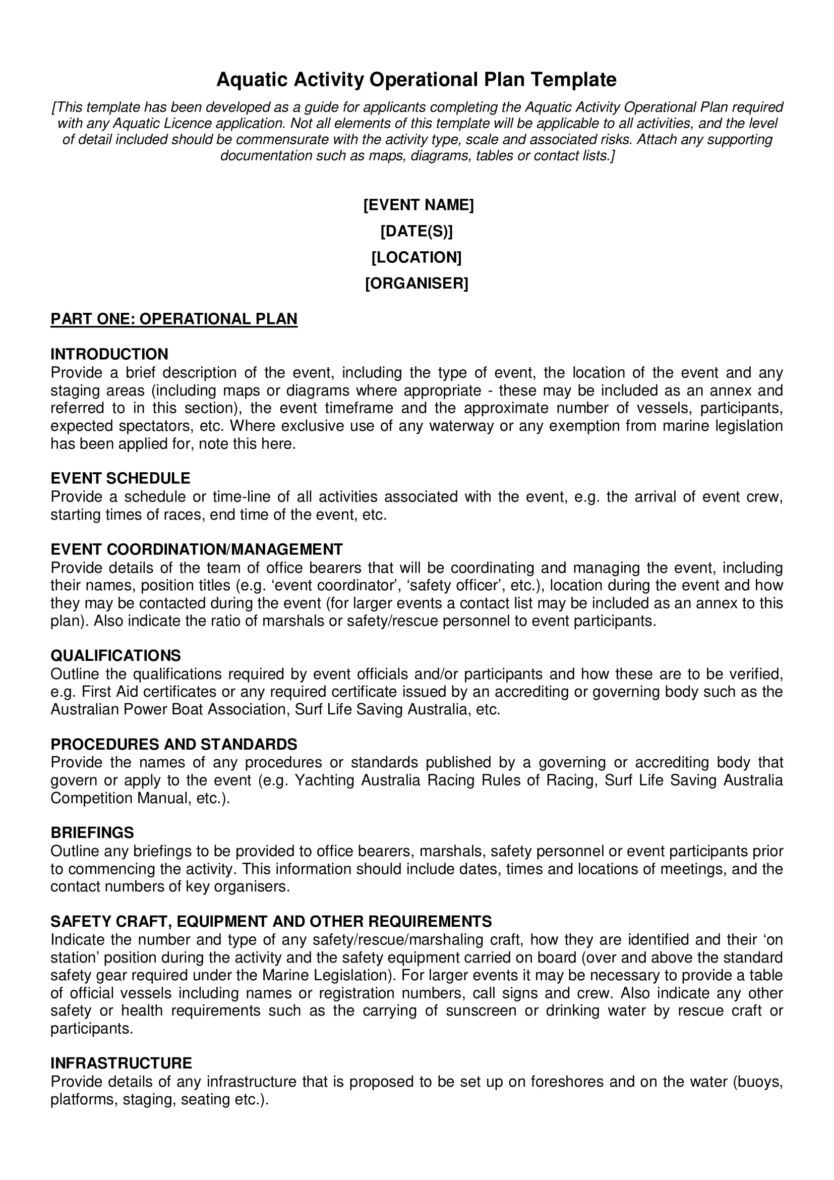 Aquatic Activity Or Event Operational Plan Template Example 1 