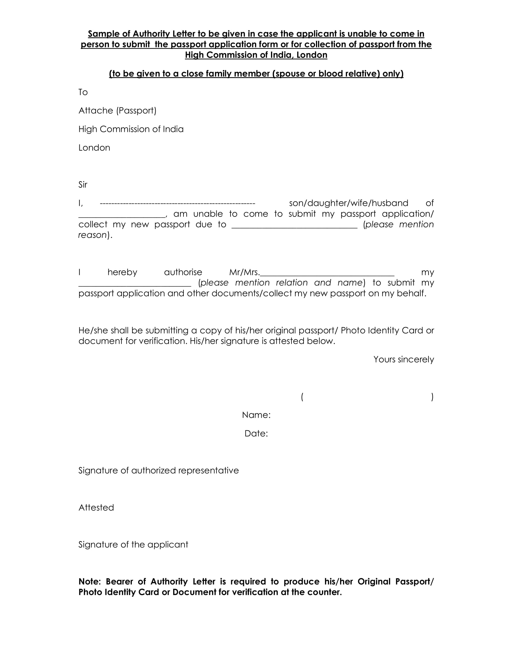 authorization letter for passport application and collection example 1