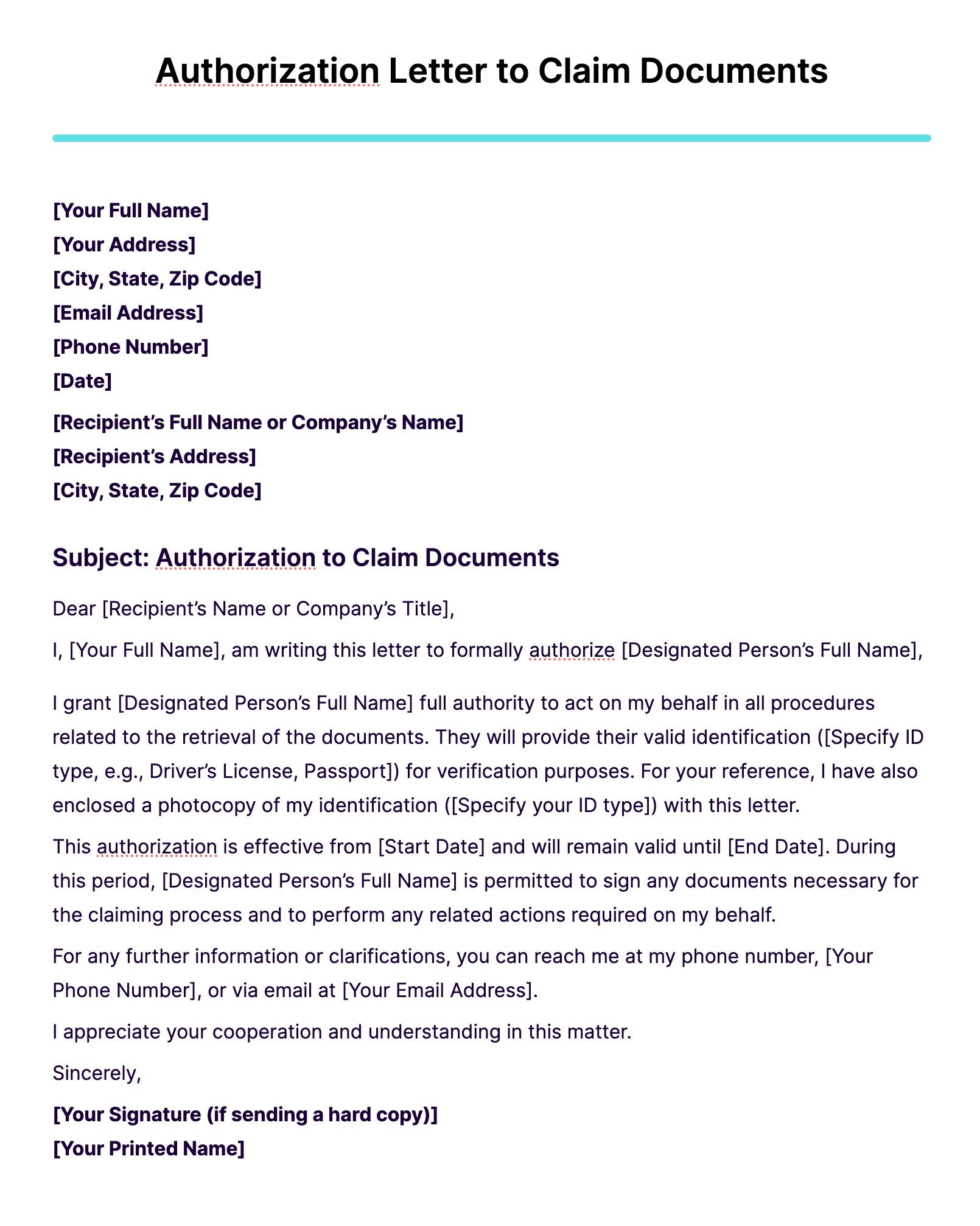 Authorization Letter to Claim Documents