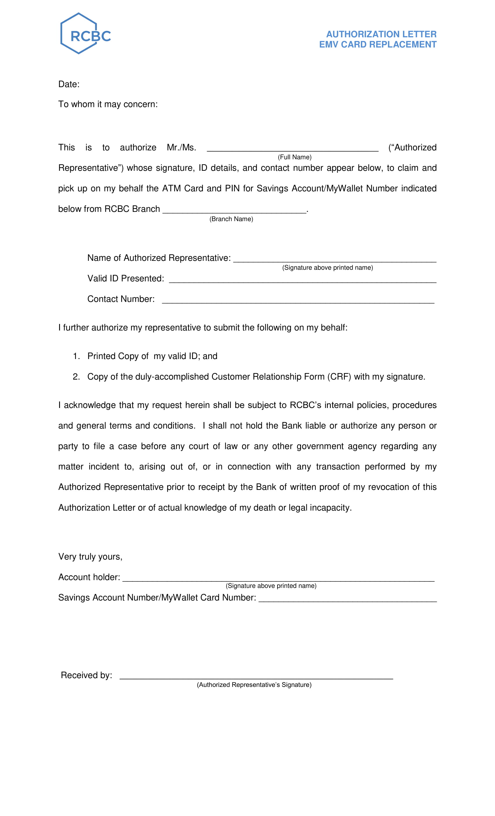 Authorization Letter to Claim and Pick Up ATM Card and PIN For Savings Account Example 1