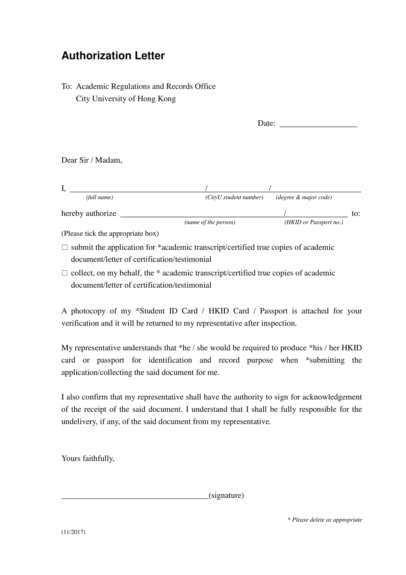 Authorization Letter to Submit Collect and Receive Academic Documents Example 1