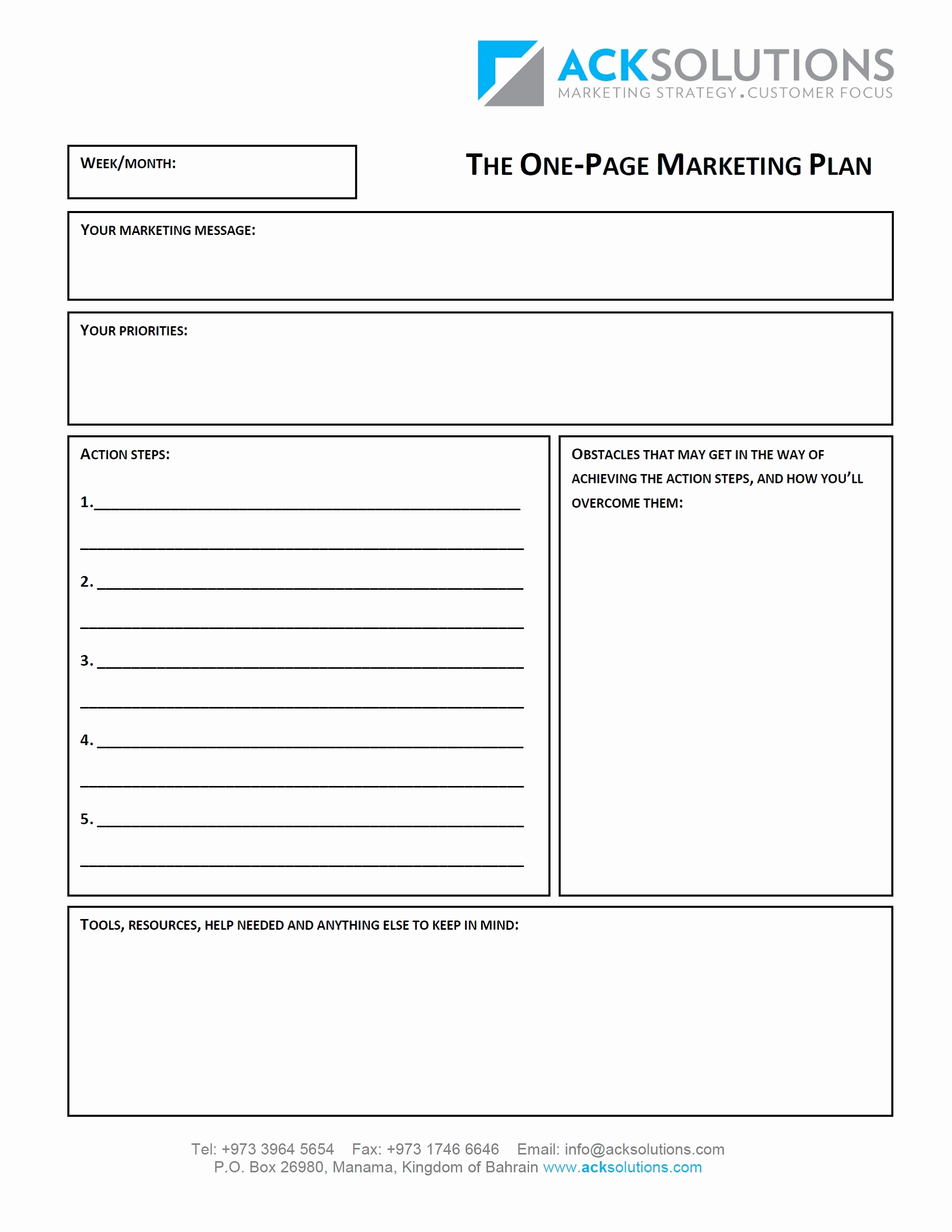Blank One Page Marketing Plan Example
