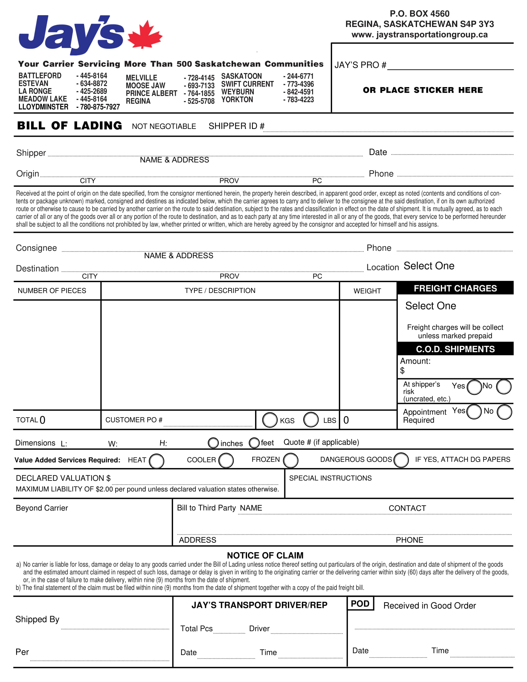 Blank Transport Bill of Lading Example