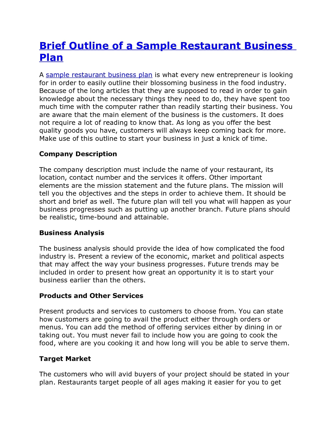 brief outline for restaurant sales plan example